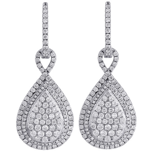 14K White Gold Teardrop Diamond Dangle Drop Earrings Round Cut Pave 2.33 Ctw.