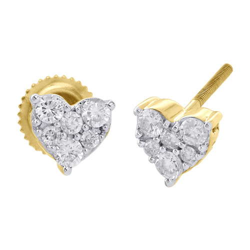 10K Yellow Gold Diamond Heart Studs Mini 6.50mm Cluster Ladies Earrings 0.33 Ct.