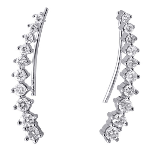 14K White Gold Diamond Ear Climbers Graduated Stones Earrings 0.91" Long 0.75 Ct