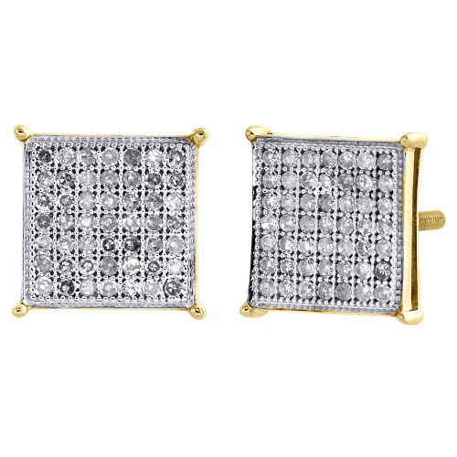 10K Yellow Gold Pave Diamond Square Studs Small 9.25mm 4 Prong Earrings 0.33 Ct.