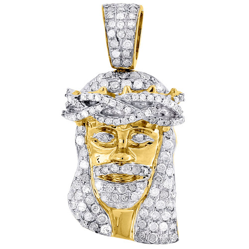 10K Yellow Gold Diamond Mini Jesus Face Pendant 1.13" Unisex Pave Charm 3/4 CT.