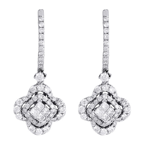 Diamond Flower Earrings Ladies 14K White Gold Princess Cut Danglers 0.95 Tcw.