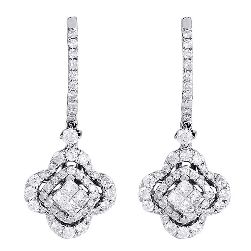 Aretes de flores de diamantes para mujer, colgantes de talla princesa de oro blanco de 14 k, 0,95 TCW.