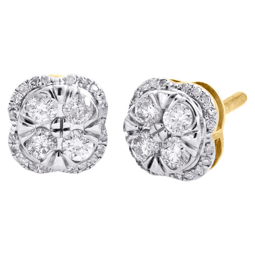 echtdiamant-Ohrstecker aus 10 Karat Gelbgold, 8 mm quadratischer Cluster-Halo-Ohrring, 0,59 ct.