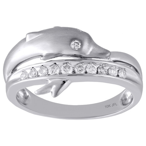 Dolphin Diamond Cocktail Ring 10K White Gold Round Cut Right Hand Band 0.25 Ctw.