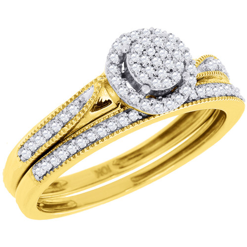Diamant-Verlobungs-Ehering-Cluster-Pavé-Brautset aus 10 Karat Gelbgold mit 0,20 ct.