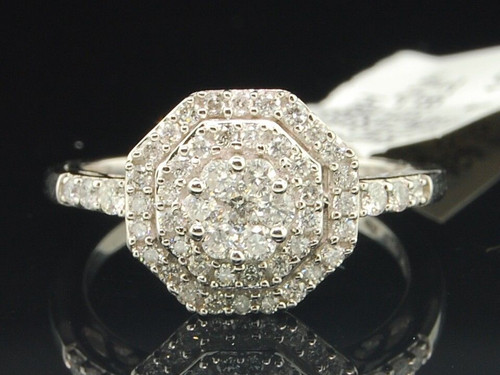 10k White Gold Round Cut Diamond Octagon Design Fashion Cocktail Ring 0.62 Ct.