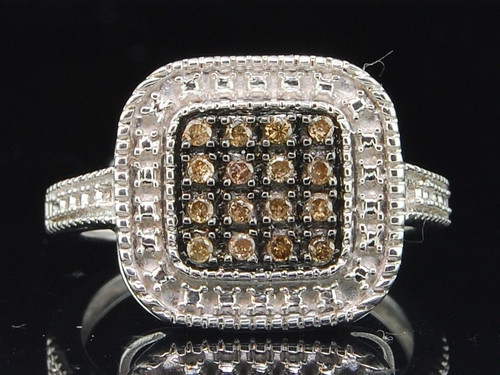 Brown Diamond Square Fashion Right Hand Ring .925 Sterling Silver 0.19 Ct