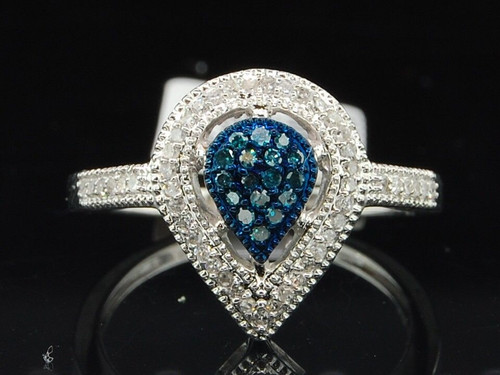 10k White Gold Round Cut Blue Diamond Tear Drop Design Fashion Cocktail Ring