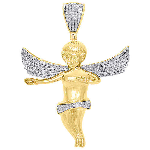 Mini Angel Diamond Pendant 10K Yellow Gold Flying Wings Cherub Charm 0.45 CT