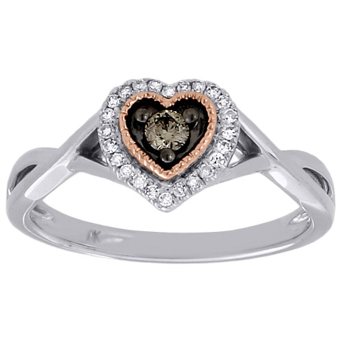 Brown Diamond Heart Fashion Ring 10k White Gold Round Cocktail Band 0.14 Ct.