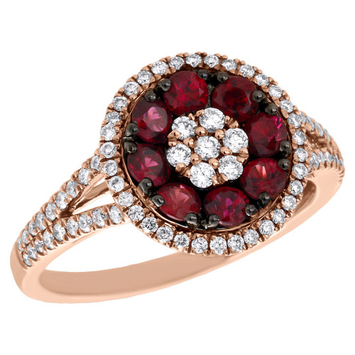 18K Rose Gold Red Ruby & Diamond Flower Ladies Right Hand Cocktail Ring 0.97 Tcw