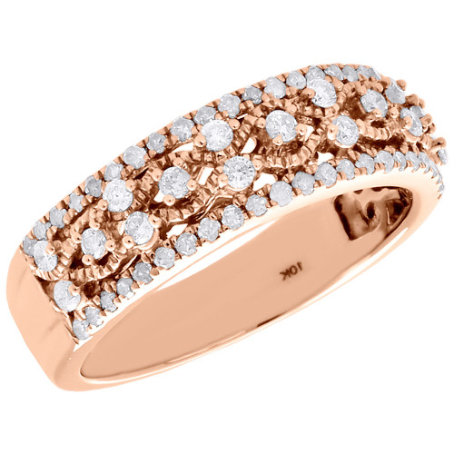10K Rose Gold Diamond Filigree Waved Ladies Anniversary Ring Wedding Band 1/2 Ct