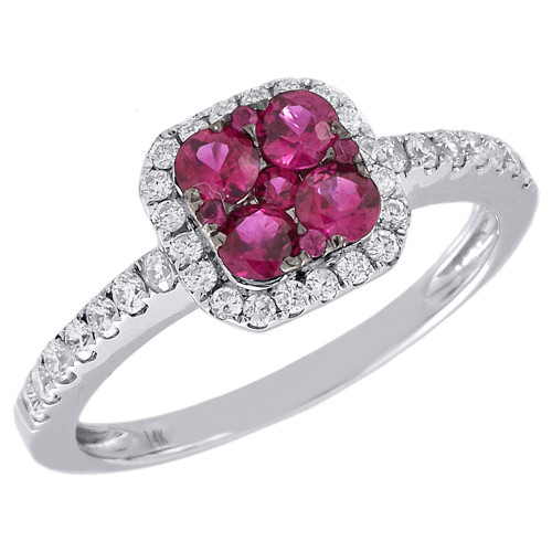 Diamond Genuine Red Ruby Cocktail Ring 14K White Gold Square Design 0.67 Tcw.