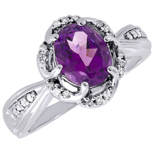 Diamond 10K White Gold Created Oval Amethyst Fashion Cocktail Ring 1.75 tcw.