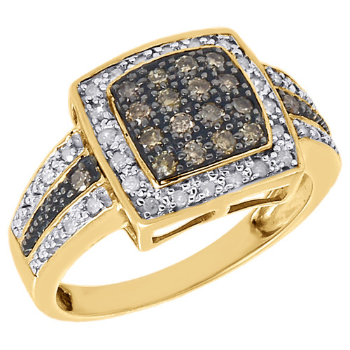 10K Yellow Gold Brown Diamond Square 3 Row Right Hand Ring Fashion Band 0.50 Ct.