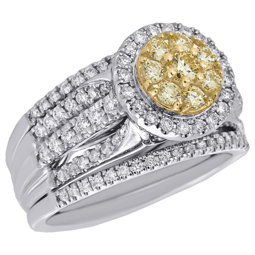 14K White Gold Natural Yellow Diamond Bridal Set 3 Piece Engagement Ring 1 Ct.