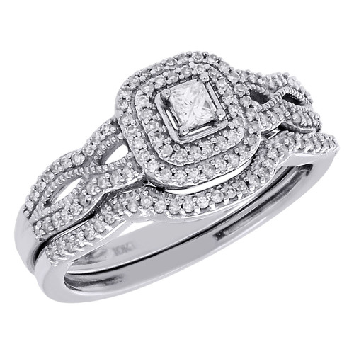 10K White Gold Solitaire Diamond Halo Infinity Wedding Ring Bridal Set 3/8 Ct