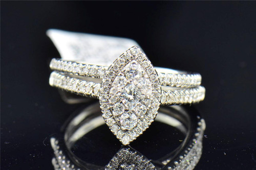 Ladies 14K White Gold Princess Cut Diamond Marquise Engagement Ring Bridal Set