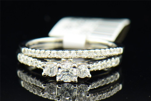 Diamond Solitaire Engagement Bridal Set 14K White Gold 3 Stone Wedding Band
