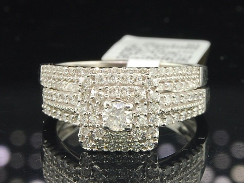 Damen-Verlobungsring, Ehering, Brautset aus 14 Karat Weißgold mit Diamanten, 0,77 ct.