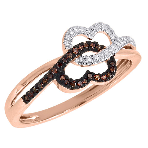 Red Diamond Double Heart Fashion Ring 10k Rose Gold Round Cocktail Band 0.15 Ct.