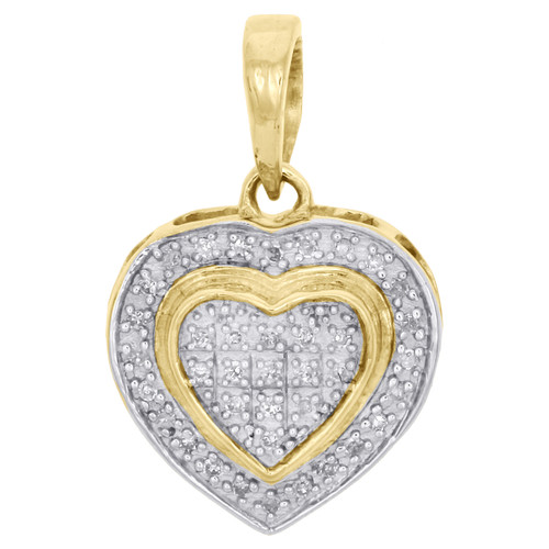 10K Yellow Gold Round Diamond Double Frame Heart Pendant 0.7" Pave Charm 0.15 CT