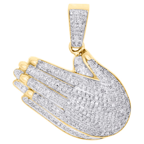 10K Yellow Gold Real Diamond Praying Hands Pendant 1.3" Fancy Pave Charm 7/8 CT.