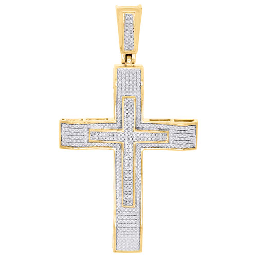 10K Yellow Gold Real Diamond Double Frame Dome Cross Pendant 2.9" Charm 1/3 CT.