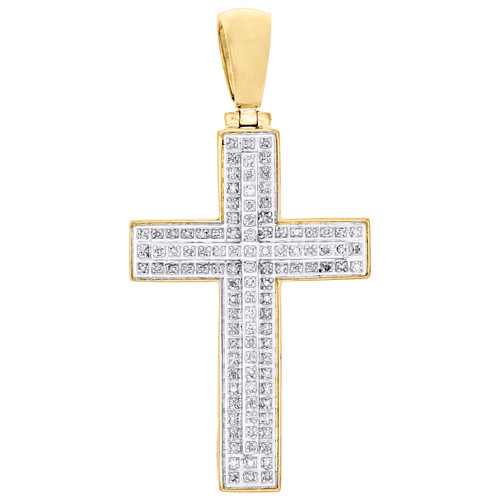 10K Yellow Gold Real Diamond Step Tiered Frame Cross Pendant 1.9" Charm 1/3 CT.