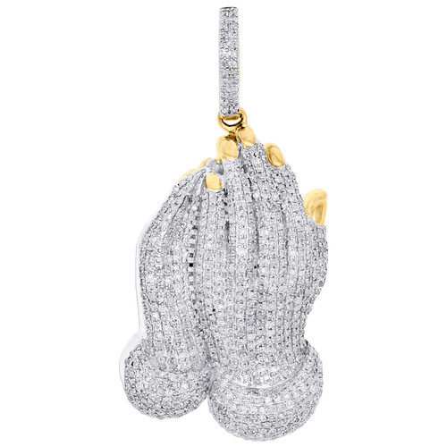 10K Yellow Gold Real Diamond Puffy Praying Hands Pendant 1.9" Pave Charm 1.88 CT