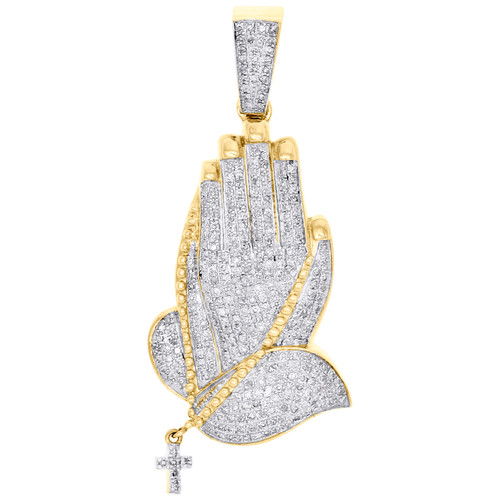 10K Yellow Gold Diamond Praying Hands Rosary Cross Pendant 1.70" Charm 7/8 CT.