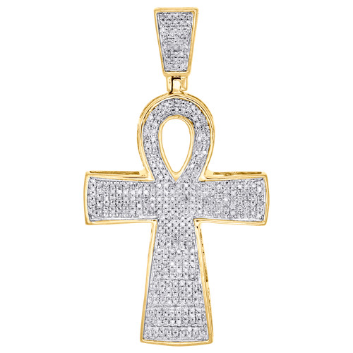 10K Yellow Gold Genuine Diamond Ankh Cross Pendant 1.85" Puffed Charm 3/4 CT.