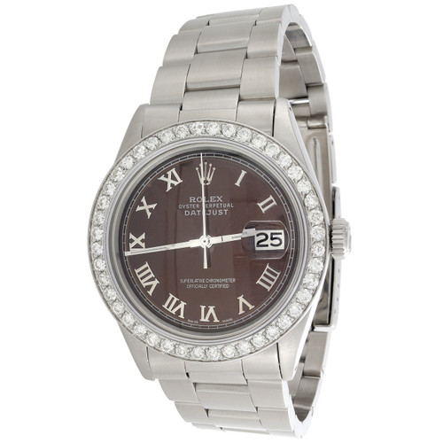 Montre homme Rolex datejust diamant 36 mm cadran chiffre romain marron personnalisé 1,90 ct.