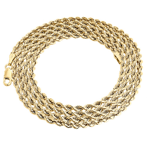 Collana unisex con vera catena in corda solida in oro giallo 10k da 3 mm, 16-30 pollici