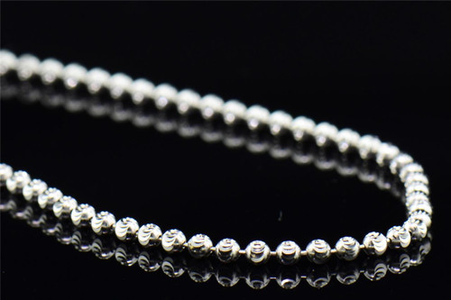 Mens 2mm 10K White Gold Beaded Moon Cut Ball Chain Diamond Cut Design 30 Inch