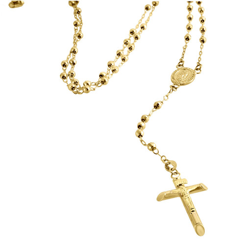 10K Yellow Gold Virgin Mary 3mm Diamond Cut Bead Crucifix Rosary Necklace 27"