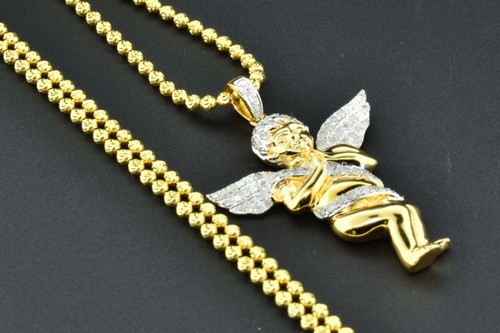 Diamond Angel Pendant .925 Sterling Silver Yellow Finish Charm Moon-Cut Chain