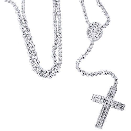 Sterling Silver Mens Round Diamond Rosary Chain 42" Necklace Domed Cross 2 Ct.