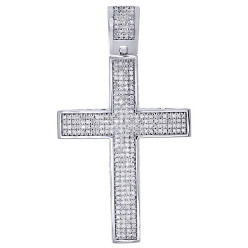 Real Diamond Dome Cross Charm Sterling Silver White Finish 2.30" Pendant 1 CT.