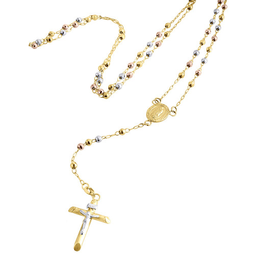 Real 10K Yellow Gold Virgin Mary Rosary Cross Diamond Cut 8mm Bead Necklace  28