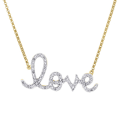 14K Yellow Gold Diamond Statement LOVE Script Letter Necklace Charm 0.33 Ct.