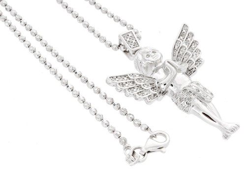 Diamond Angel Pendant .925 Sterling Silver with 2mm Moon-Cut Bead Chain 0.25 Ct.