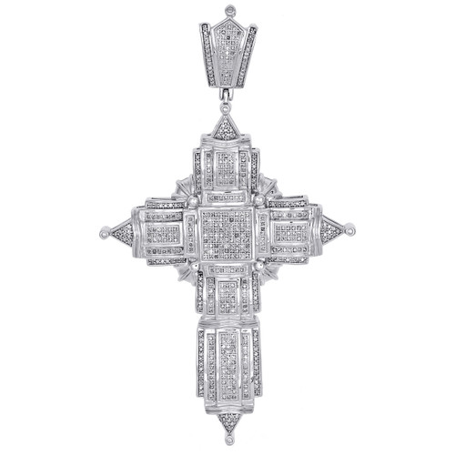 10K White Gold Genuine Round Diamond Cross Pendant 3.5" Mens Pave Charm 1.77 CT.