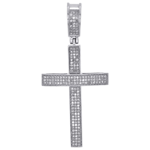 925 Sterling Silver Real Diamond Cross Pendant 2" Mens Pave Domed Charm 0.65 ct.