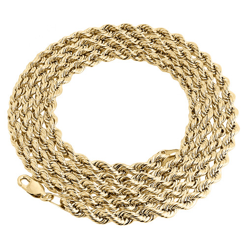 Cadena de cuerda sólida de oro amarillo real de 10 k, collar giratorio brillante de 4 mm, 18-30 pulgadas