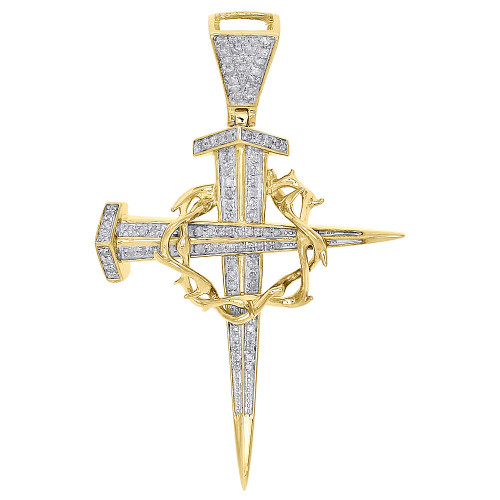 10K Yellow Gold Dagger Nail Diamond Cross Pendant Crown of Thorns Charm 0.41 Ct.
