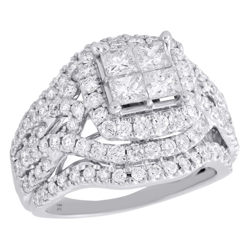 14K White Gold Quad Set Princess Diamond Engagement Ring Ladies Halo 2.50 CT.