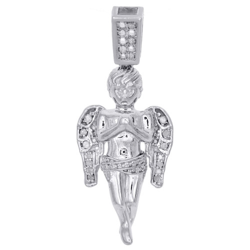 .925 Sterling Silver Genuine Diamond Mini Angel Pendant Pave 1.35" Charm 1/8 CT.