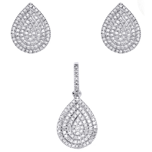 10K White Gold Diamond Pear Shaped Earring Studs & Pendant Charm Set 0.42 CTW.